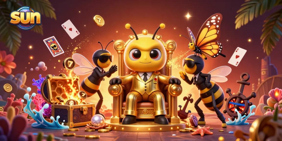 Engage with sun-themed casino action in a vibrant 3D illustration of a buzzing bumblebee mob boss.