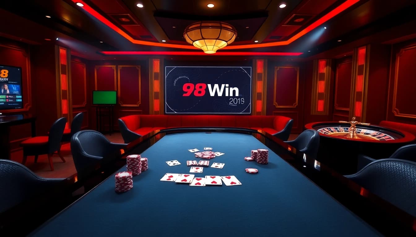 Gamblers engaging in a high-stakes poker game at 98Win's luxurious casino.