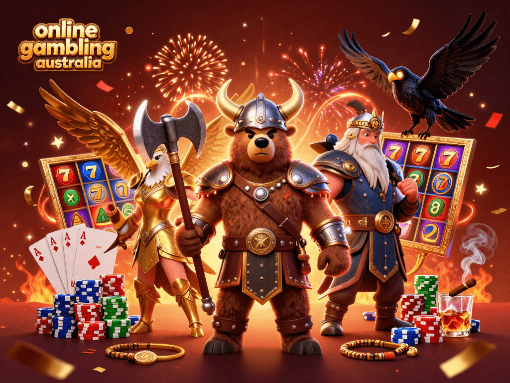Experience thrilling online gambling australia with vibrant 3D characters, poker elements, and festive visuals.