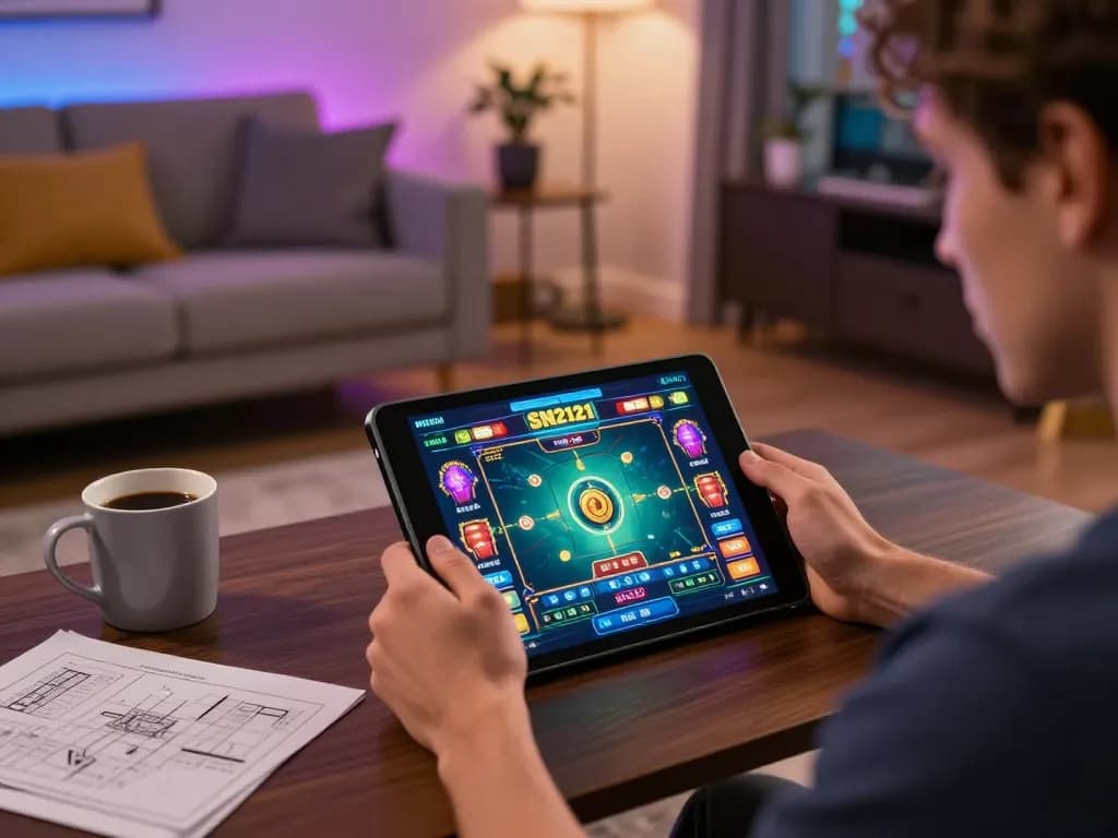 Terlibat dalam permainan kasino online SN2121 dengan tablet di lingkungan rumah yang nyaman, menyoroti permainan strategis.