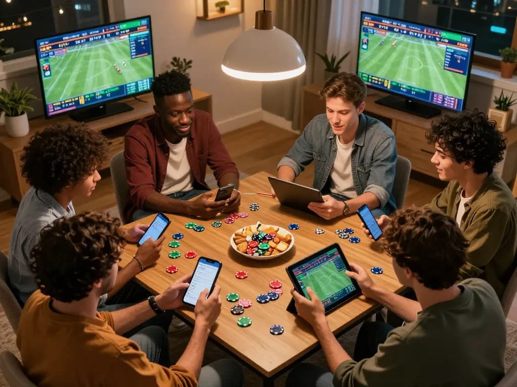 Soi Kèo bets immersed in lively group sports discussion while analyzing match statistics on devices.