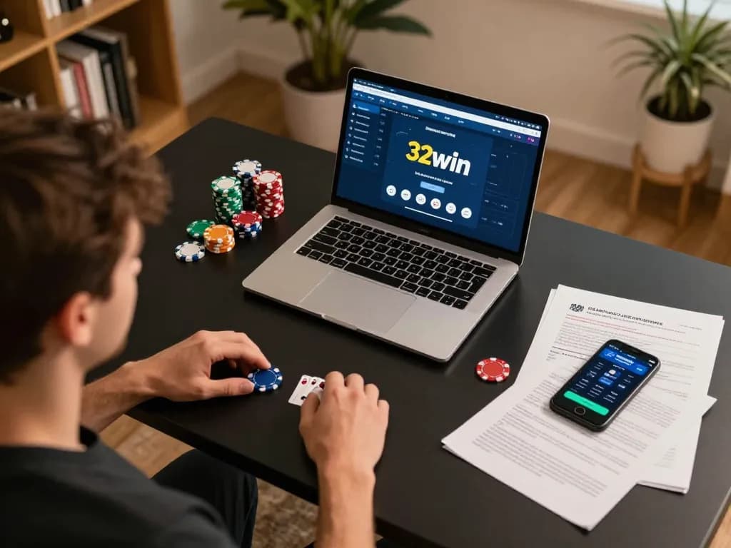 Player strategizing for a poker game on 32win, vibrant chips and notes on the desk.