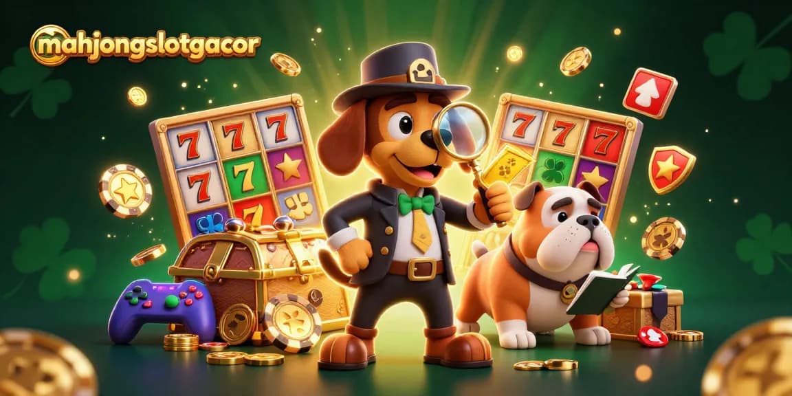 Engage with MahjongSlotGacor's casino magic, featuring a detective uncovering treasure clues amidst colorful slot games.