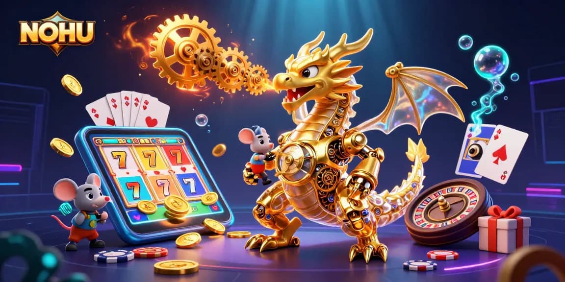 Experience the excitement of NOHU with a golden dragon, slot games, and casino elements in a vibrant scene.