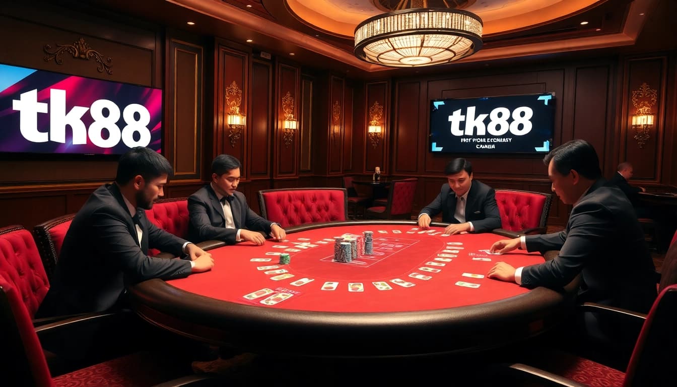 Exciting high-stakes poker scene at tk88 with players and colorful chips on a luxurious table.