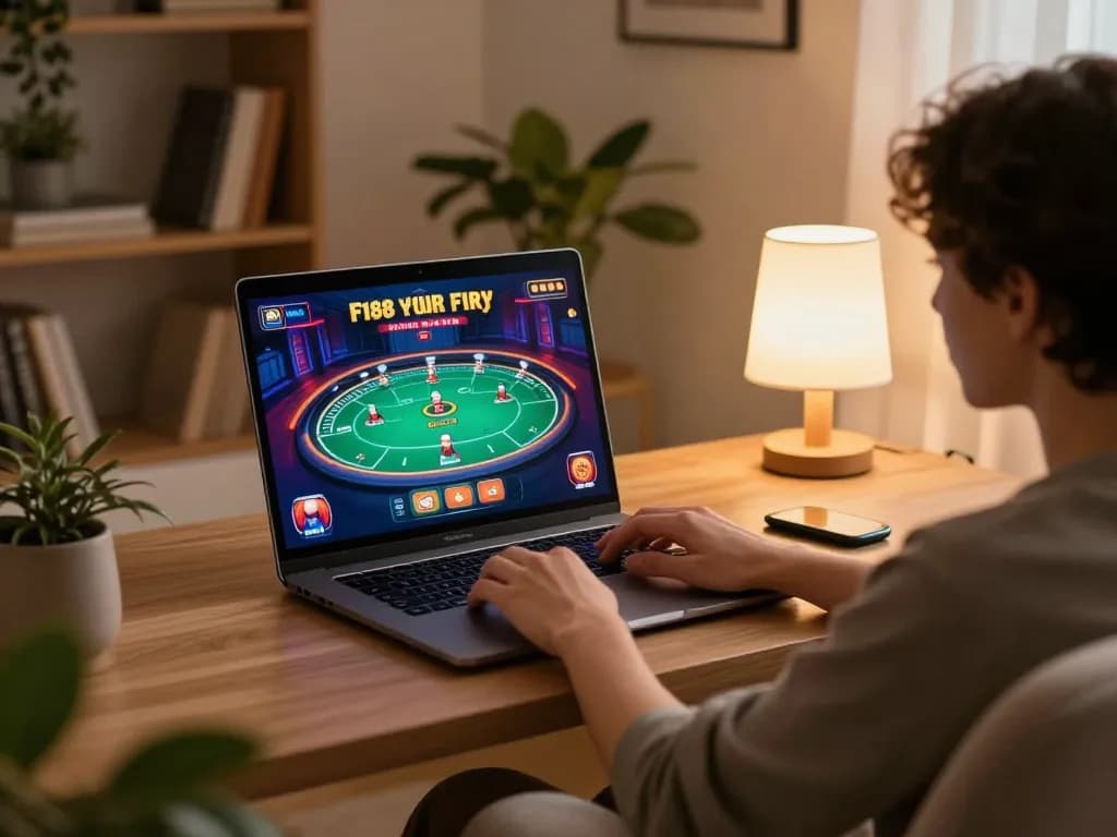 Player enjoying F168 online casino games on a laptop in a cozy home setting