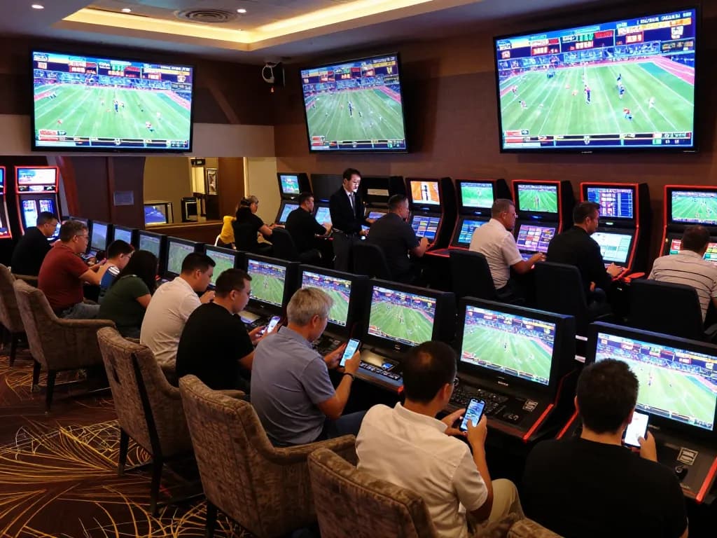 Pemburu taruhan olahraga SPBO merumuskan strategi di lounge kasino modern dengan skor langsung yang ditampilkan.