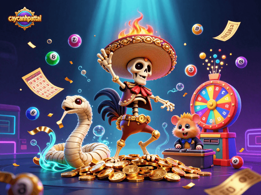 Experience winning strategies in caycanhphattai, featuring a dynamic dance of themed characters amid lively casino elements.