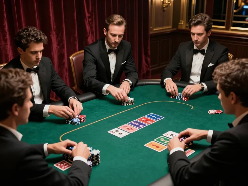 Pemain Bintangmpo merencanakan strategi dalam permainan poker mewah dengan chip dan kartu yang cerah.