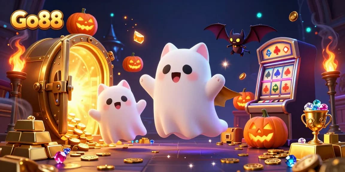 Experience Go88's thrilling casino games with a ghost cat and vampire bat in a haunted mansion.