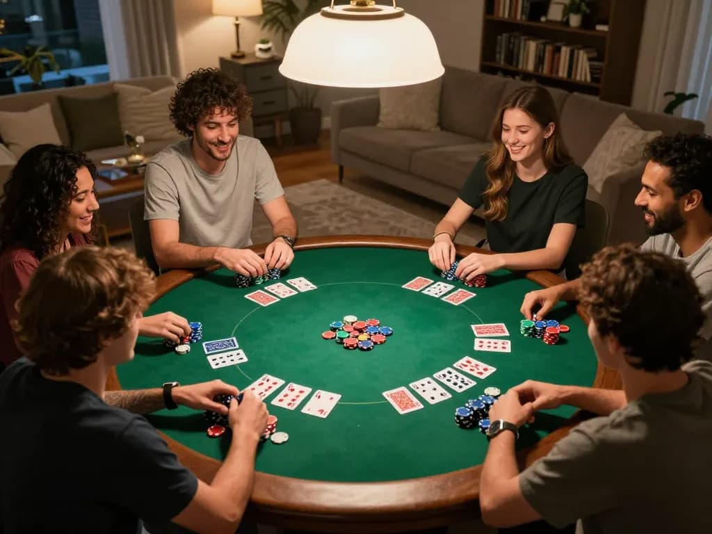 Friends enjoying a lively poker game night at home featuring mb88slot poker setup and warm ambiance.