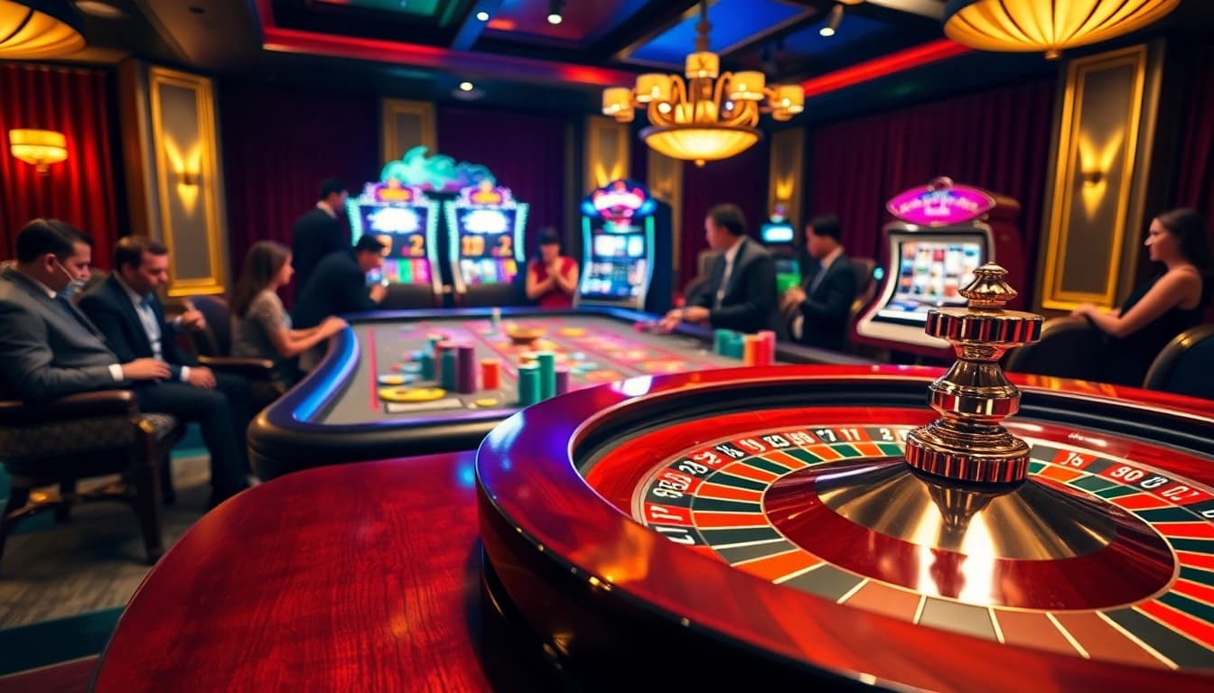 Gamblers strategizing at a poker table with vibrant roulette wheel reflecting https://bem88.com for an exhilarating casino experience.