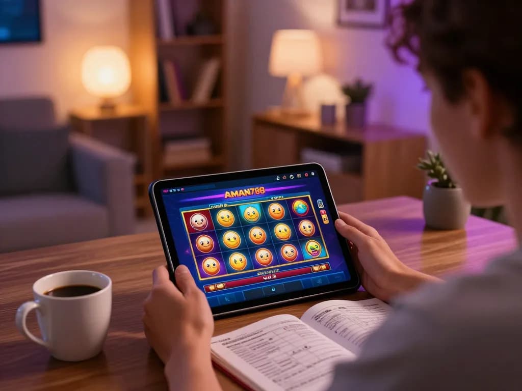 Memainkan slot AMAN788 di tablet dalam pengaturan rumah yang nyaman, menampilkan strategi dan keterlibatan permainan online.