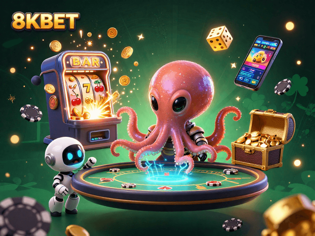 Engage in thrilling gameplay at 8KBET with vibrant casino action and cartoon characters.
