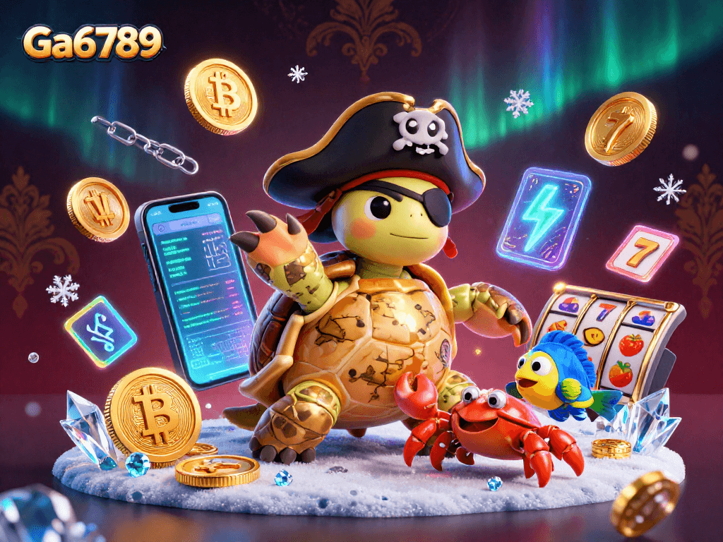 Play at Ga6789 with a pirate turtle amidst vibrant casino-themed treasures and crypto elements.