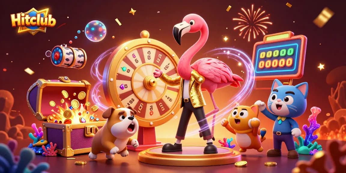 Engage with Hitclub's thrilling casino experience in this vibrant 3D illustration showcasing gaming excitement.