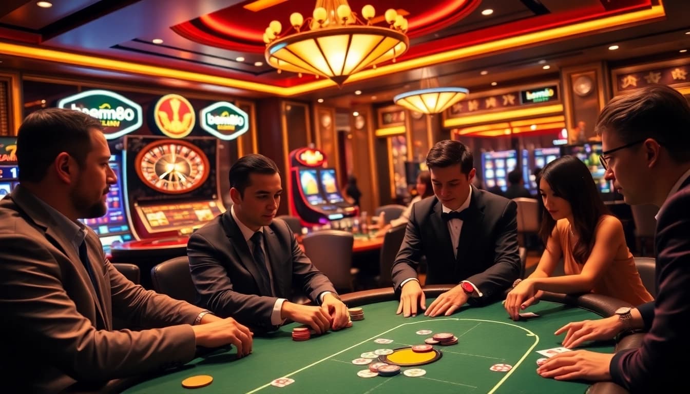 Experience the thrill of bem88 at a glamorous poker table in a luxurious casino setting.