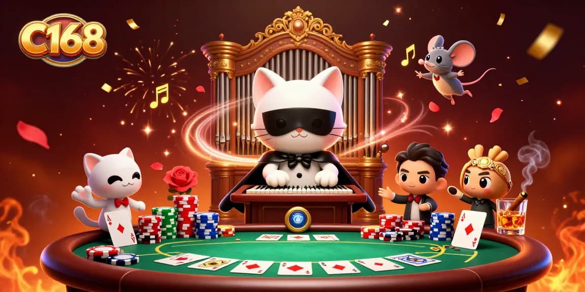 C168 players enjoy thrilling poker games at a lively casino illustrated scene filled with acrobatics and golden notes.