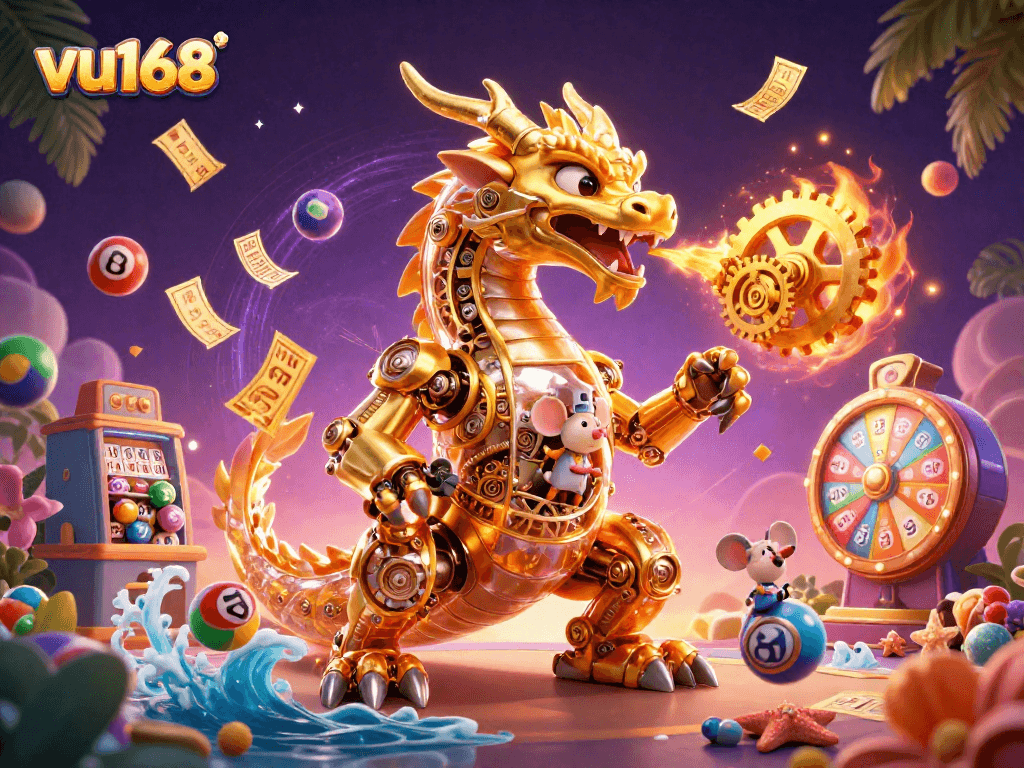 Experience thrilling gambling adventures with vu168's vibrant 3D casino illustration featuring a golden dragon.