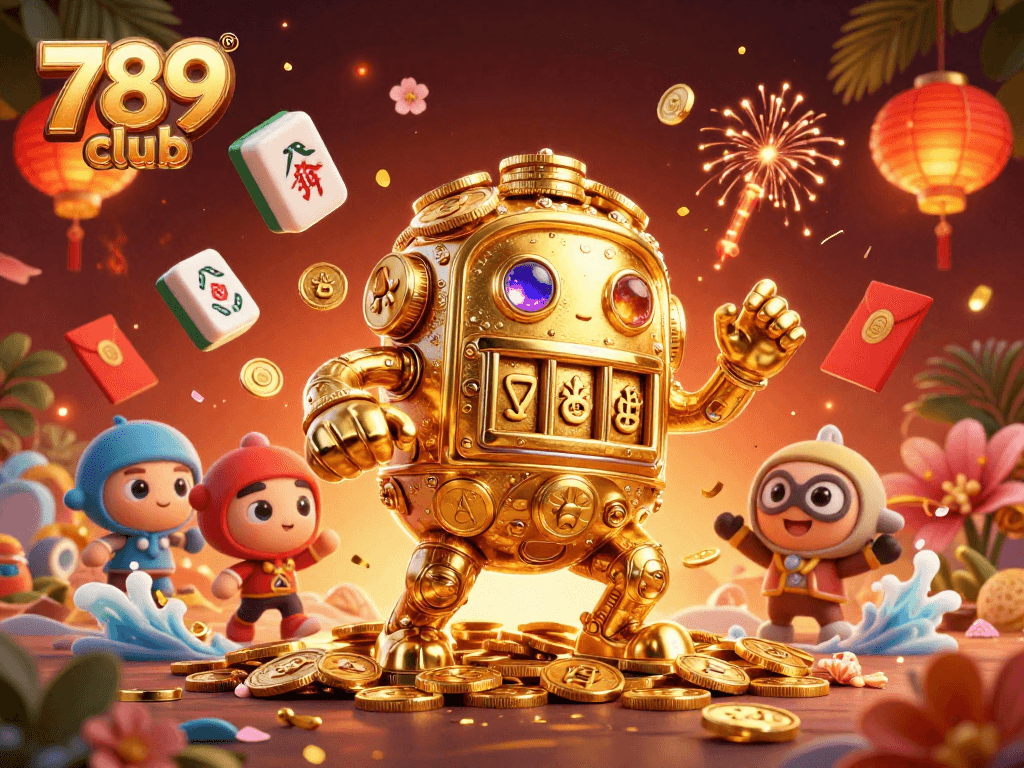 Engage with the vibrant 789 club, featuring a golden golem and festive casino elements, promising excitement.