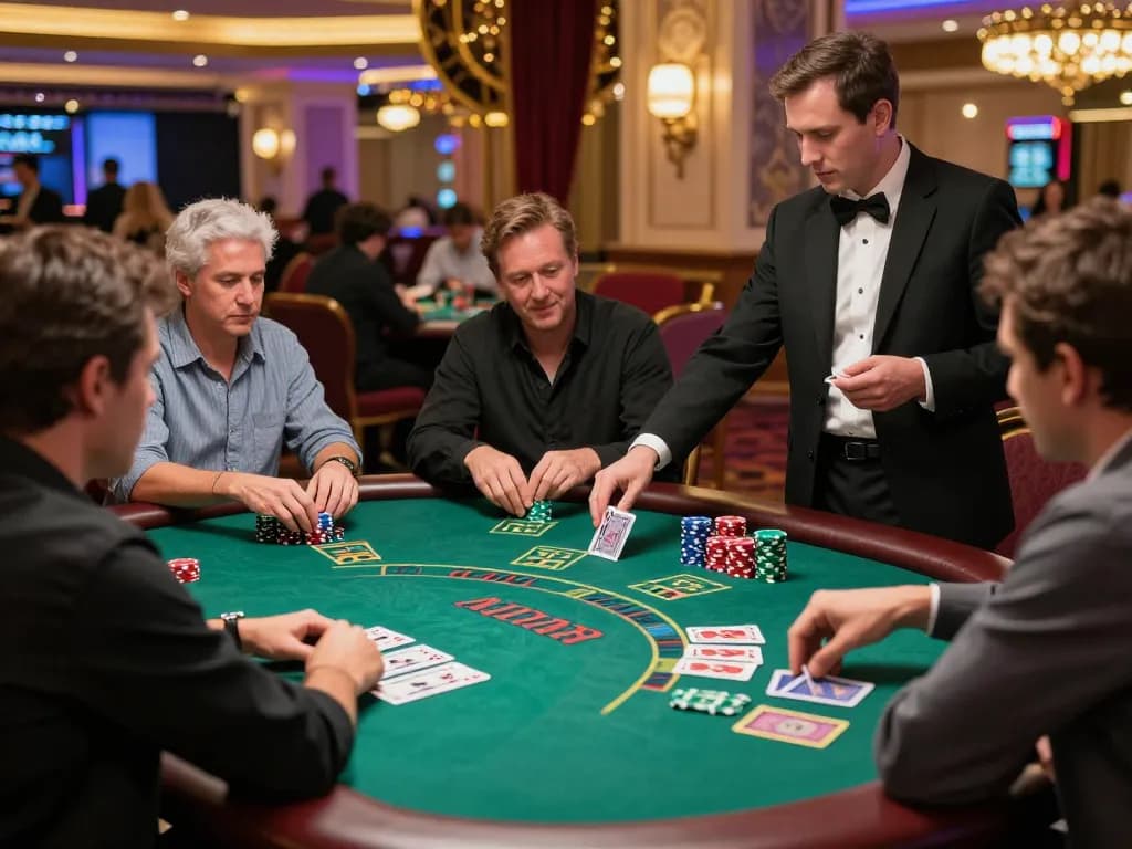 VK88 players strategizing their next move during an engaging blackjack game in a vibrant casino atmosphere.