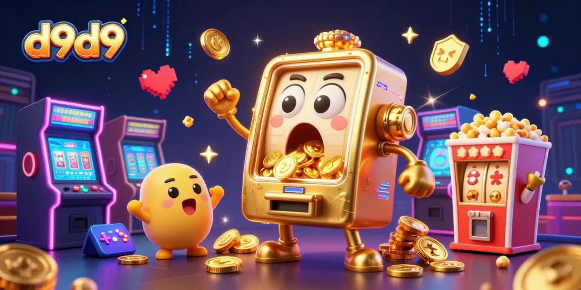 Ang d9d9 na slot machine ay nakatutok sa kanyang jackpot habang umaapaw ang mga barya, may mga baby slot machine na nagsasaya sa paligid.