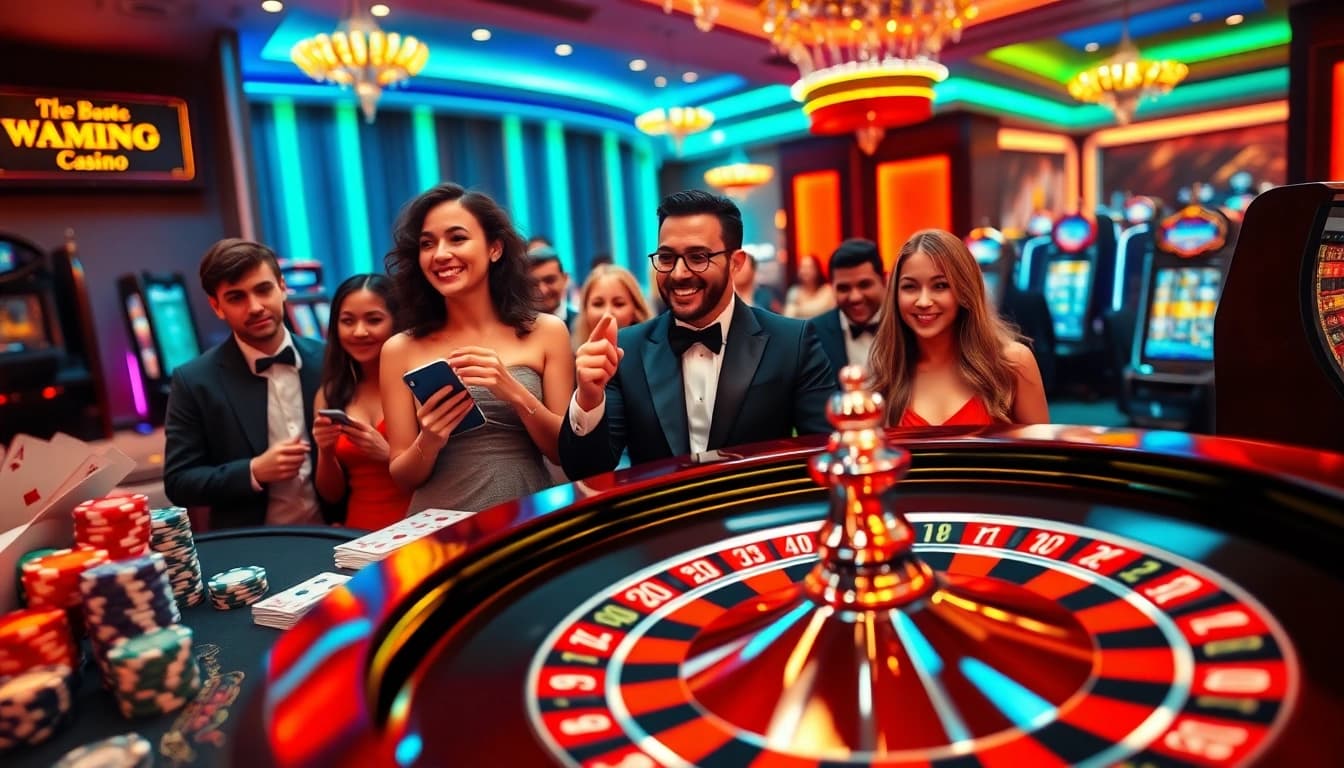 Exciting online casino scene featuring 8kbet with players at a roulette wheel and poker tables.