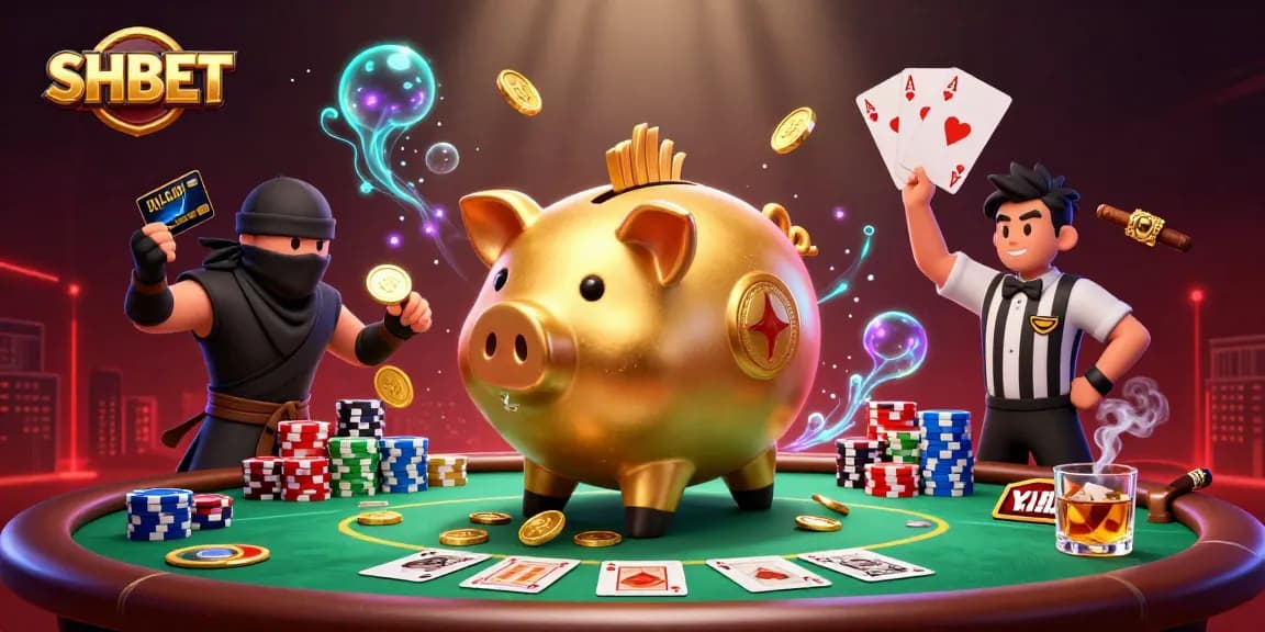 SHBET showcases intense casino action with a golden piggy bank sumo wrestling coins and poker elements.