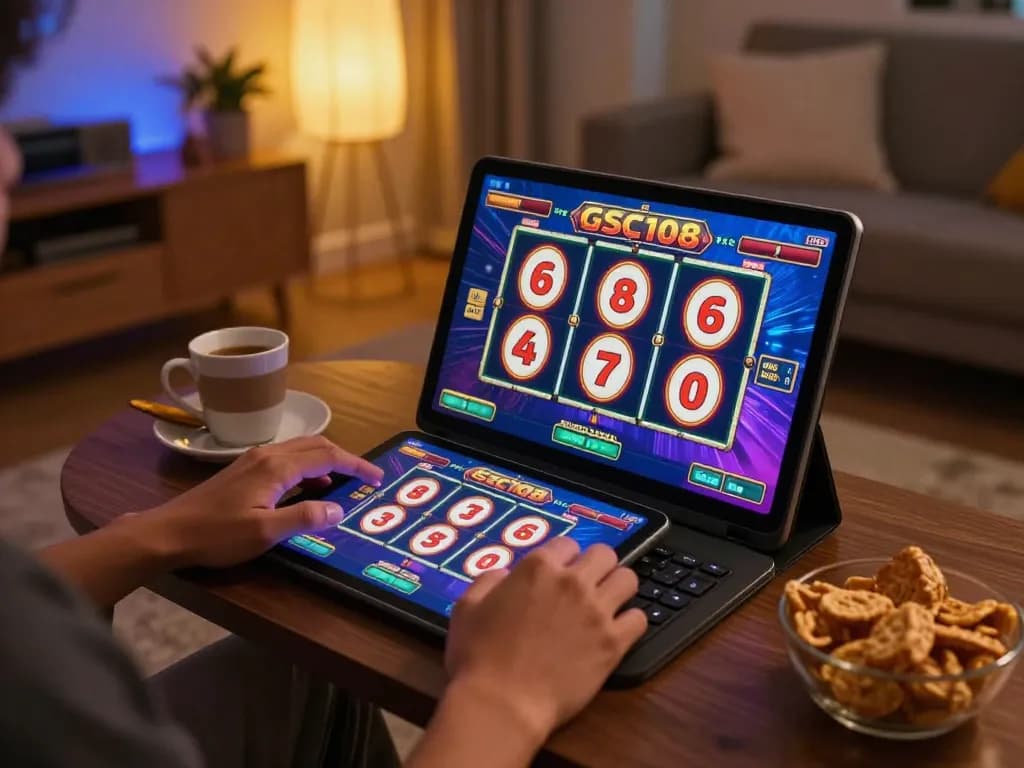 Player engaging in Gsc108 online slot game on tablet with snacks and warm ambiance