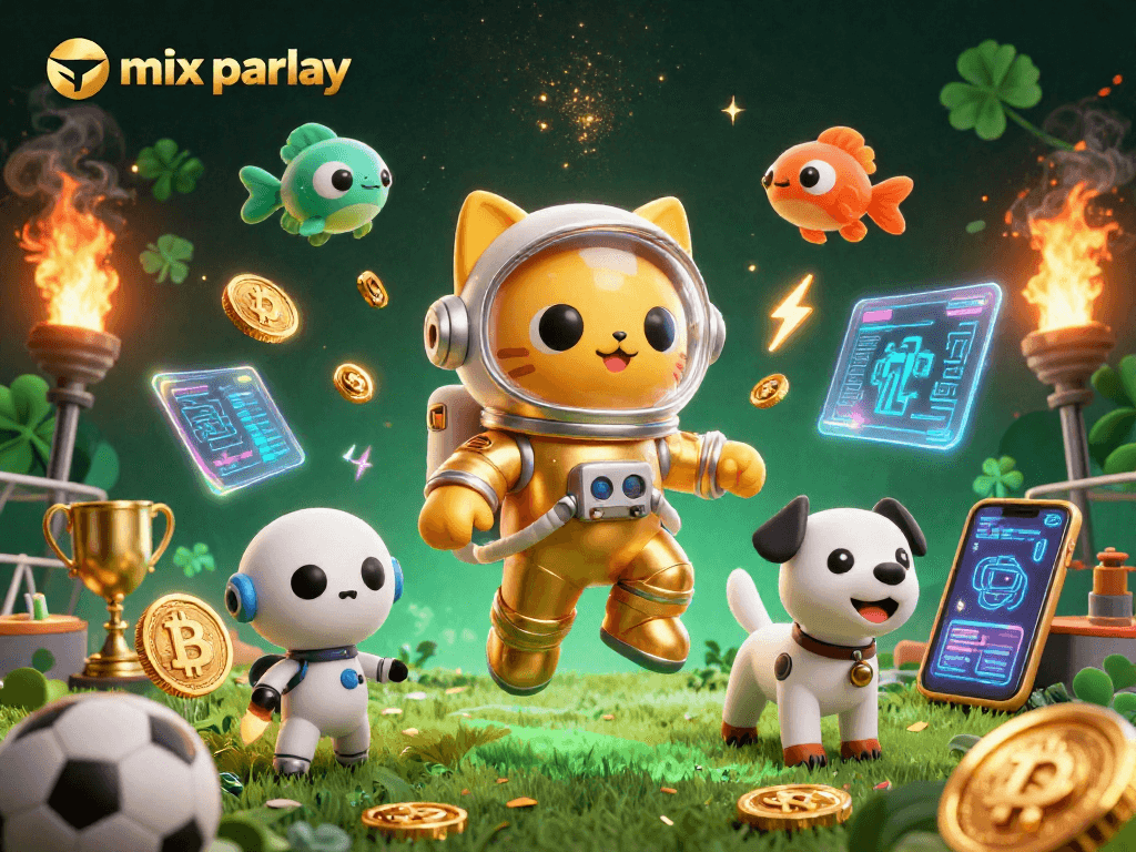 Engage in mix parlay betting with a vibrant scene of characters and sports elements.