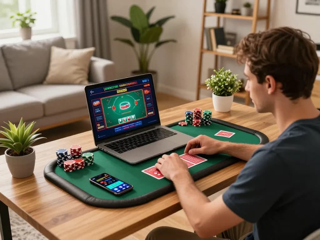 Player engaging in ta88 online casino gaming at home with live dealer interface, showcasing a strategic and inviting setup.