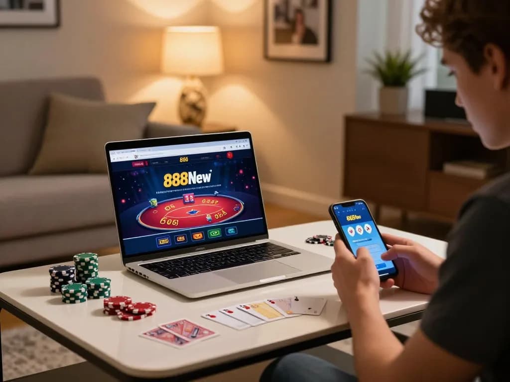 Engaging with 888New casino on a stylish gaming setup, blending modern technology with comfort.