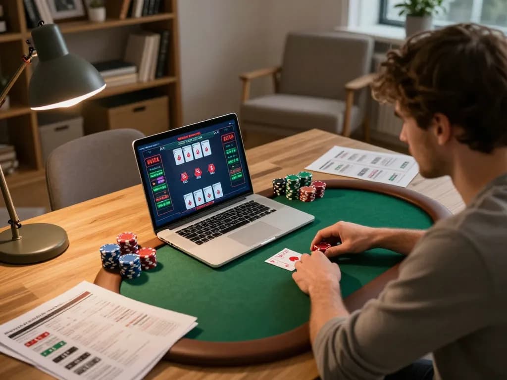 Player engaged in an online poker game with NK88 app on laptop, showcasing a strategic gaming atmosphere
