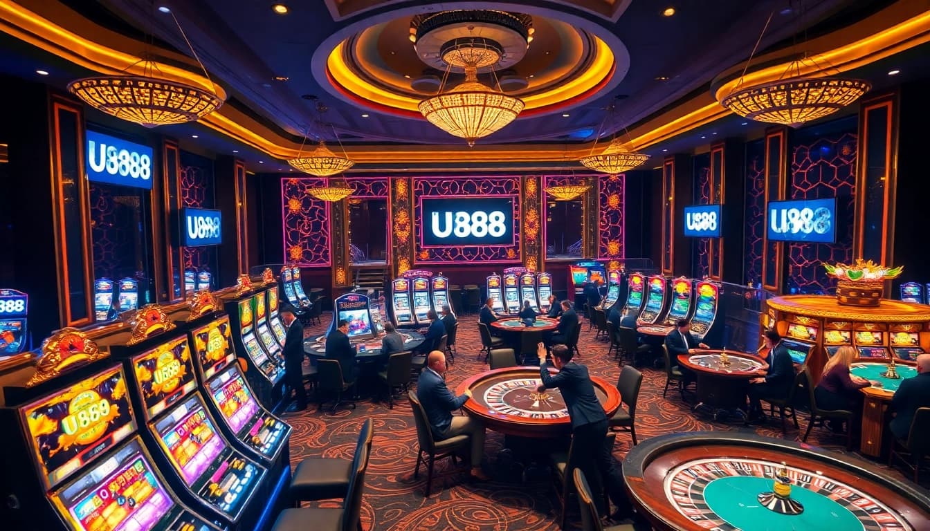 U888 players engaging in exciting games at a luxurious casino.