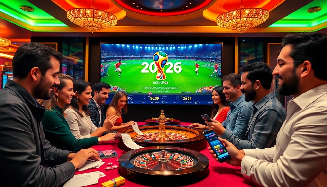 Excited bettors engaging in Judi Bola Piala Dunia at a luxurious online casino scene.