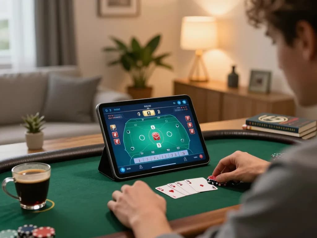 Engaging in online poker at home with 56win on tablet, highlighting casual gaming atmosphere