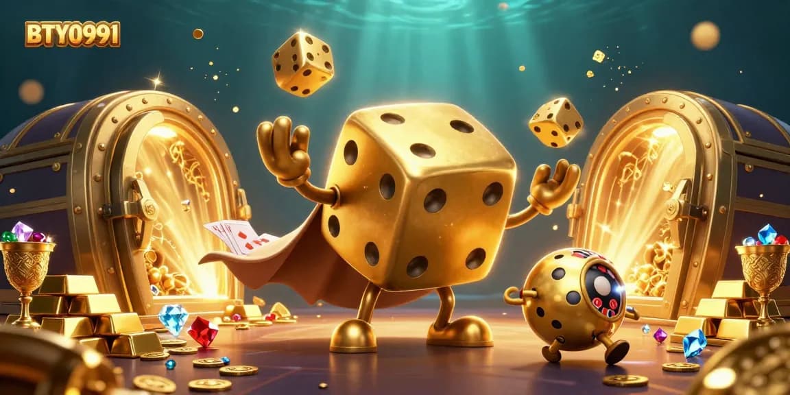 Engage with BTY0991 in a vibrant casino scene featuring a golden dice golem, jewels, and dynamic game elements.