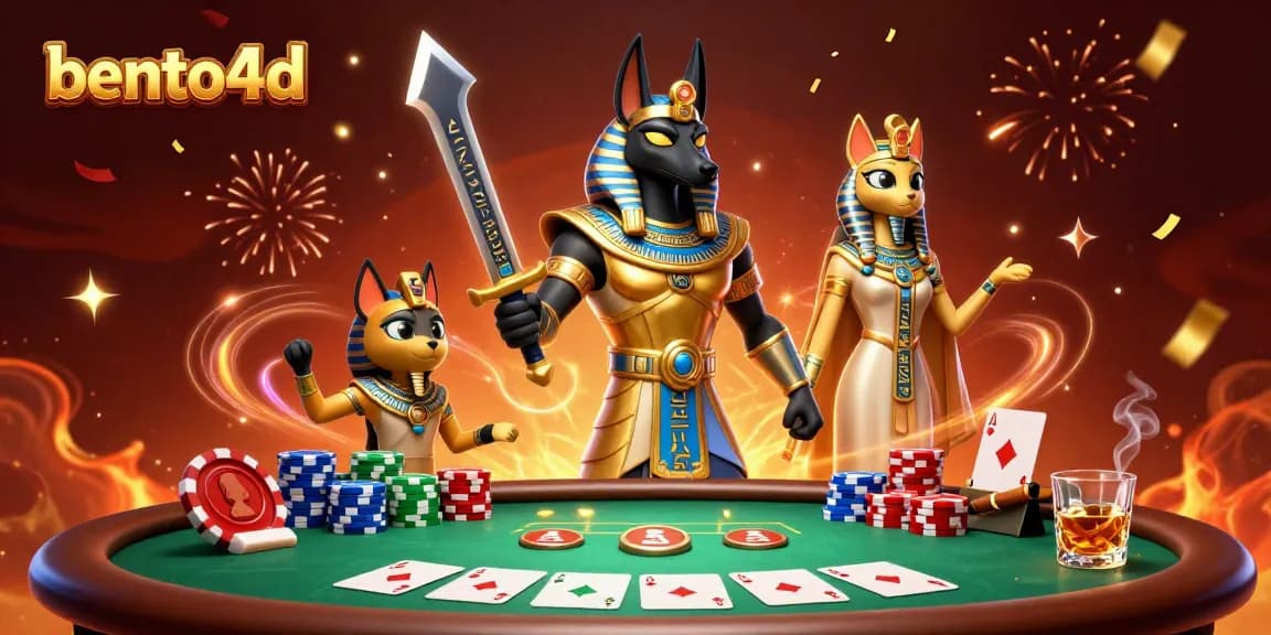 Berinteraksi dengan bento4d melalui adegan kasino 3D dinamis yang menampilkan Anubis dan Bastet di tengah elemen poker.