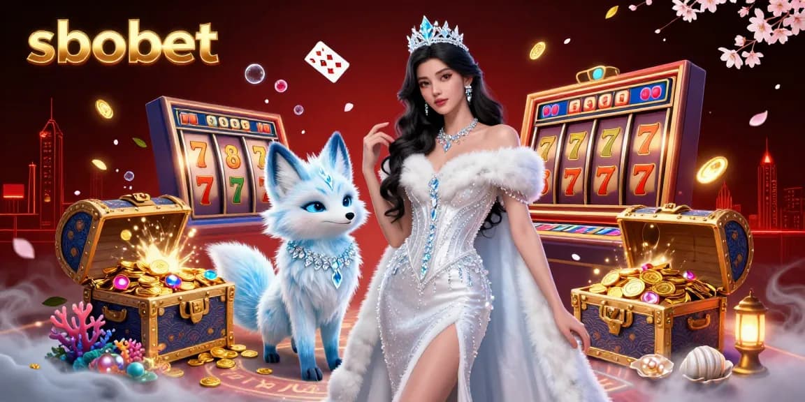 Sbobet showcases thrilling casino games with rich graphics, featuring a glamorous ice queen and treasure elements.