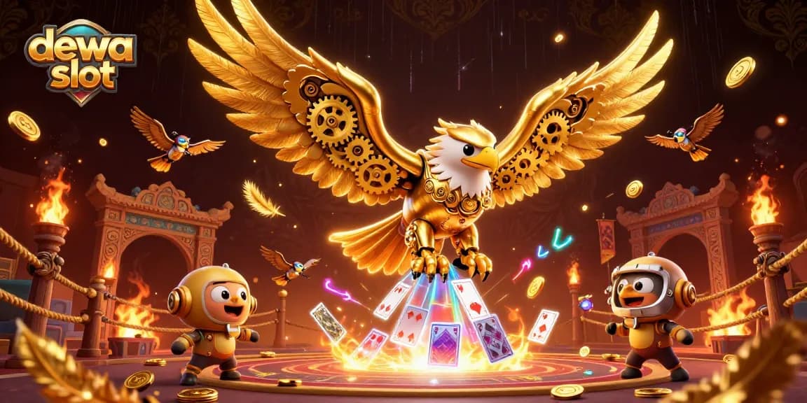 Experience the thrill of dewa slot with a dynamic 3D scene featuring cybernetic eagles diving through holographic cards.