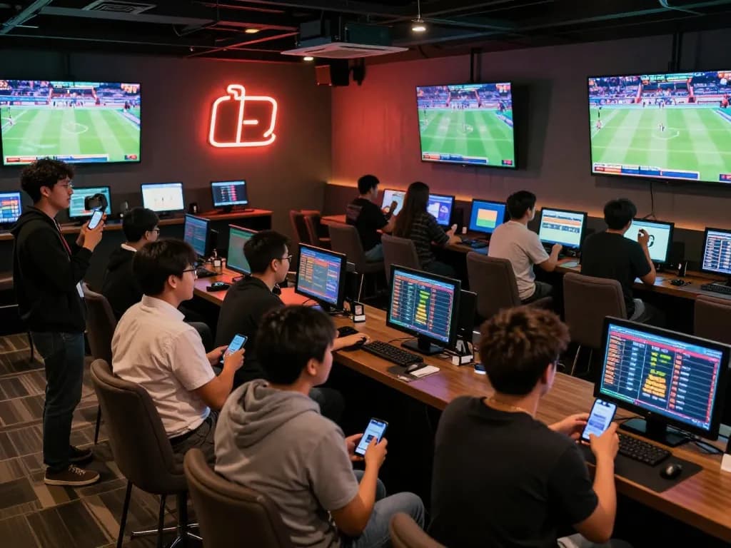 Debet sports betting patrons engaged with live sports on screens while placing bets, showcasing engaging atmosphere.