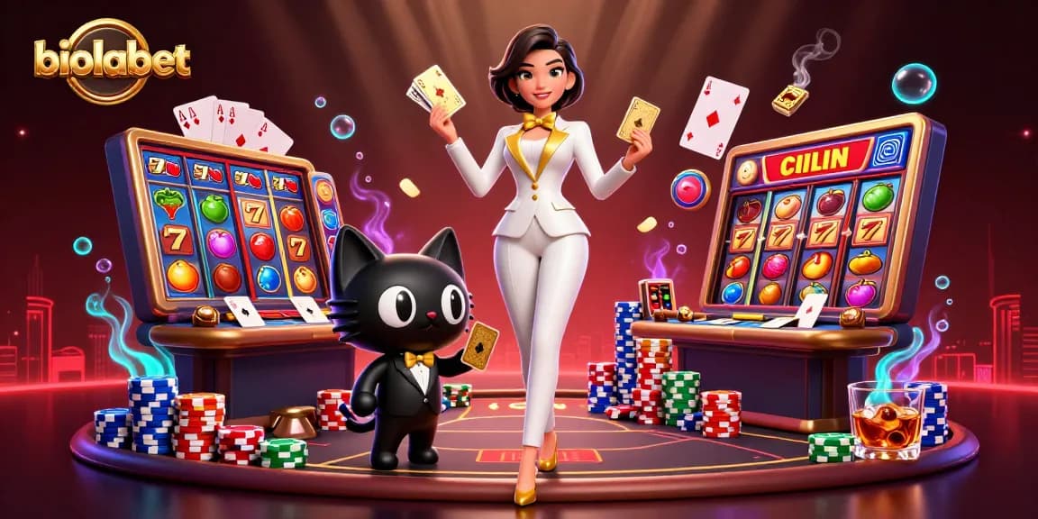 Rasakan permainan yang mendebarkan di biolabet, menampilkan gulungan slot dan adegan poker dengan karakter yang cerah.
