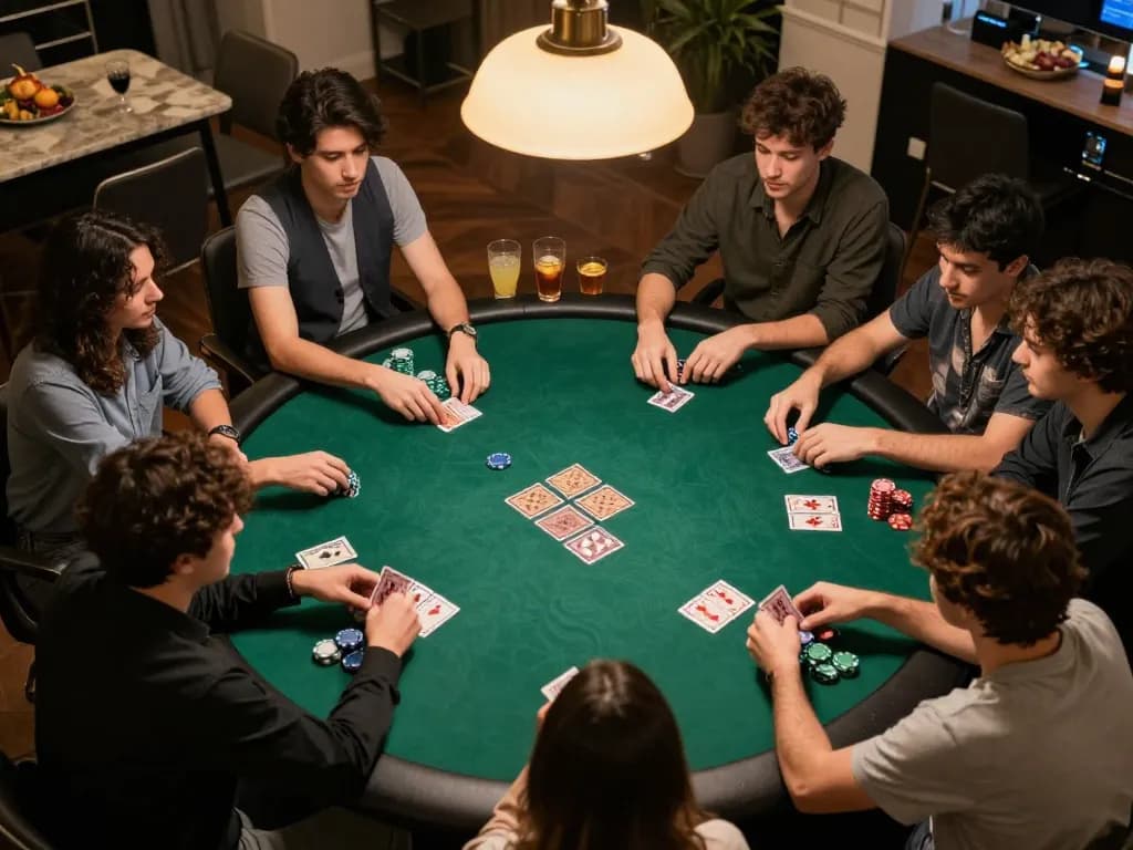 Engaged players strategizing at a home poker game, focusing on links and valuable insights from the 링크모음 collection.