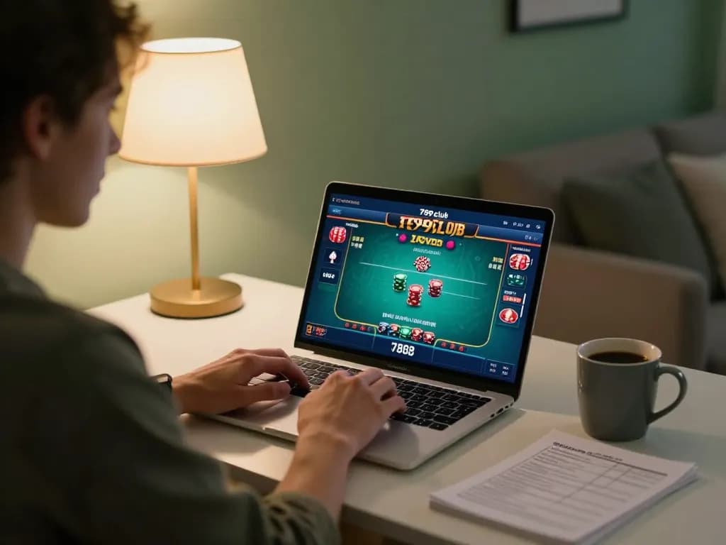 Playing poker online at 789club, showcasing strategy and focus in a cozy home setting