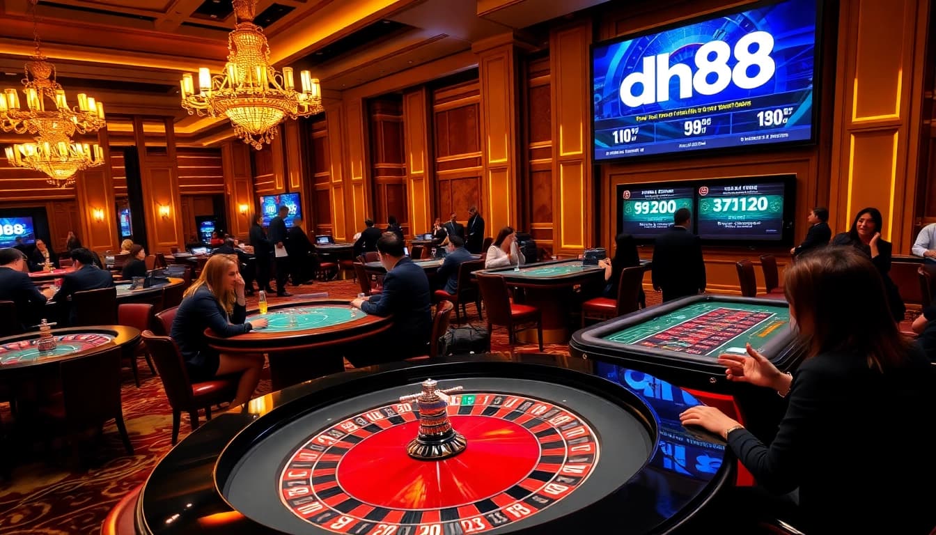 Experience thrilling wins at DH88 casino with players at poker and roulette tables.