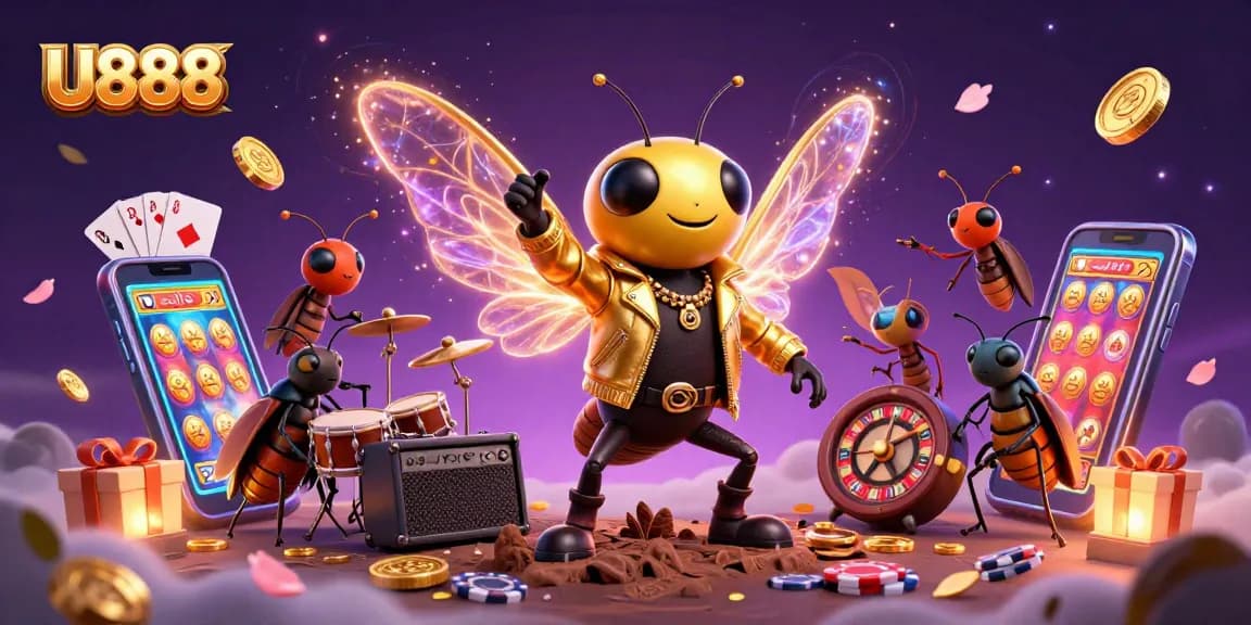 Engage with U888’s vibrant casino scene showcasing cartoon rock star characters, thrilling slot game elements.