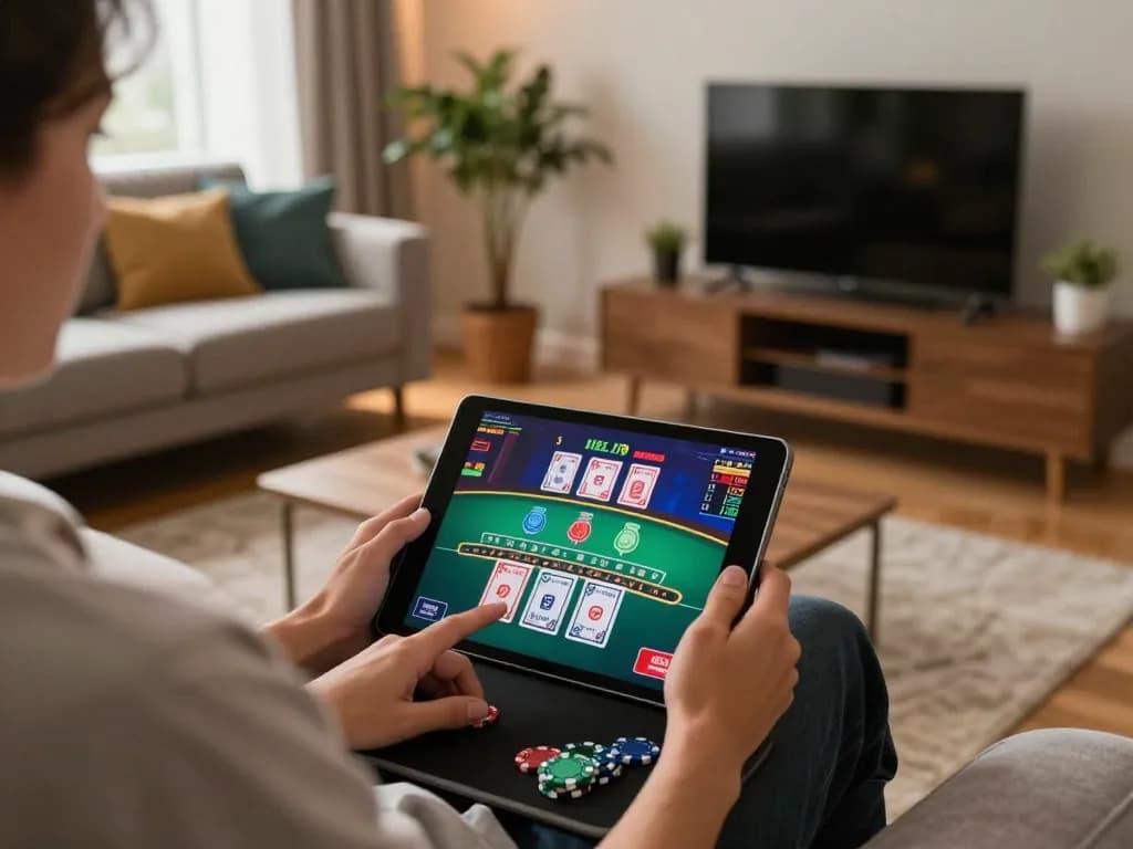 Engaging user gaming online with 789f10 tablet showing blackjack game interface