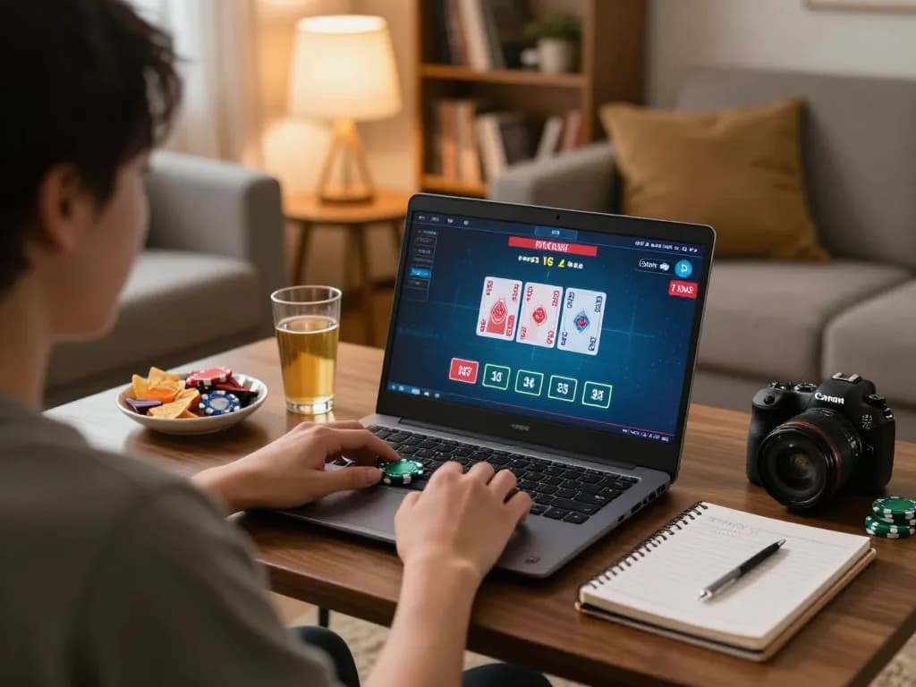 uu88 player analyzing online poker strategies in a cozy home setup with laptop and notes