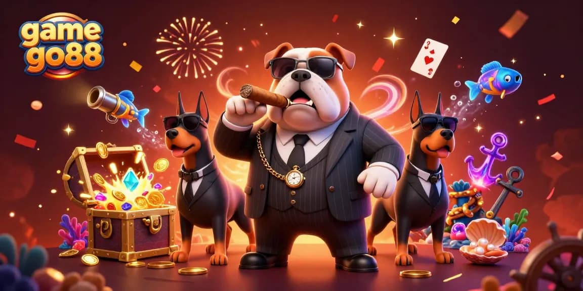 A vibrant 3D scene showcasing game go88 with a bulldog mafia boss and treasure elements reflecting the excitement of casino gaming.