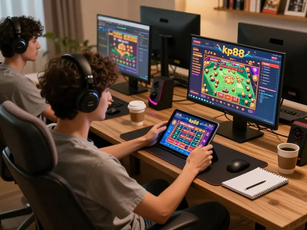 Person actively playing kp88 casino games on a tablet, showcasing vibrant gaming interface in cozy home setting